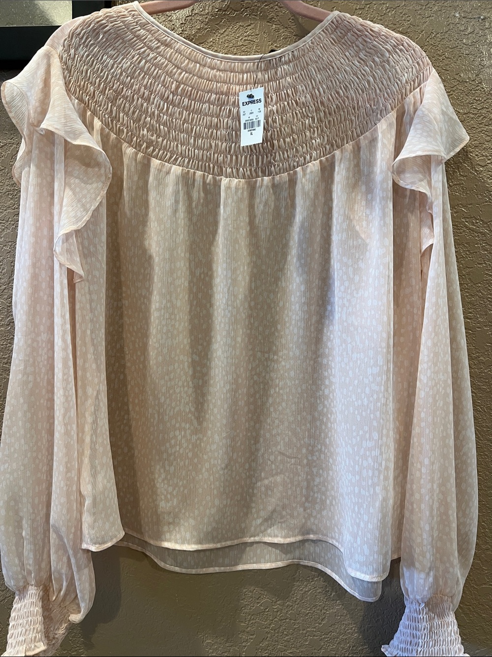 NWT Express Blush Pink Smocked Yoke Ruffle Long Sleeve Blouse